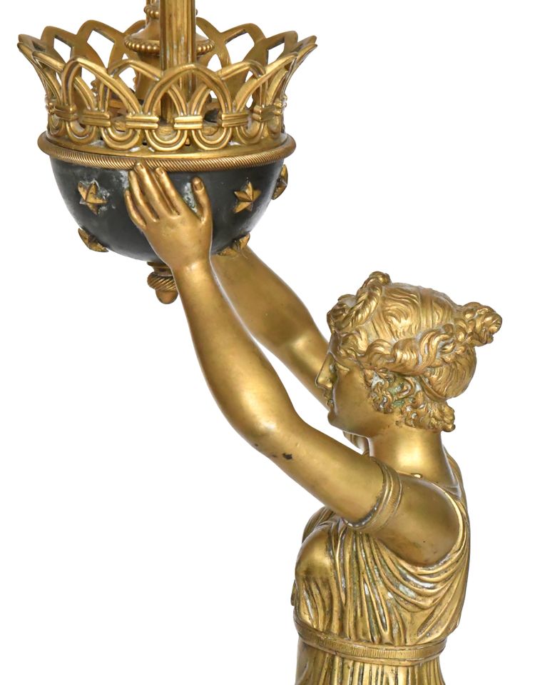 Empire style gilt bronze and marble lamp representing a caryatid