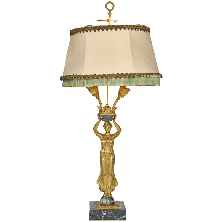 Empire style gilt bronze and marble lamp representing a caryatid