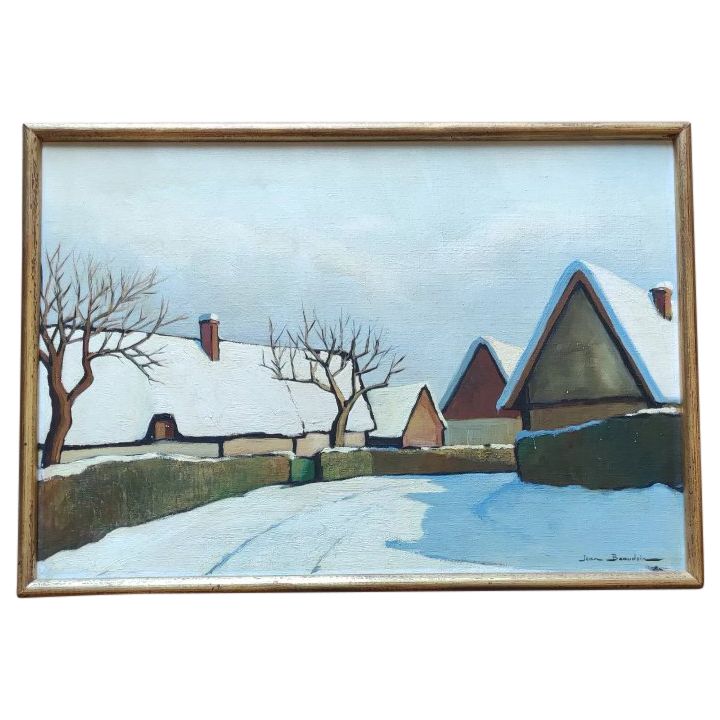 Old Painting Canvas Landscape Snow Jean Beaudoin