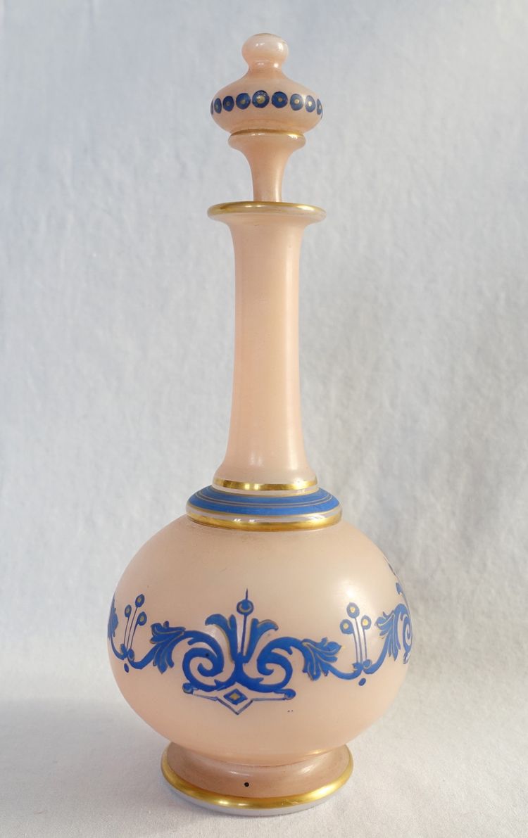 Baccarat: painted opaline liqueur carafe - paper label, circa 1880