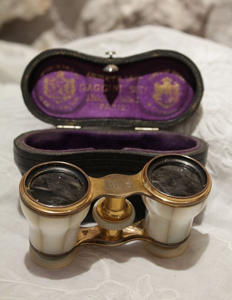 Pair of mother-of-pearl theatre binoculars with leather case, late 19th century