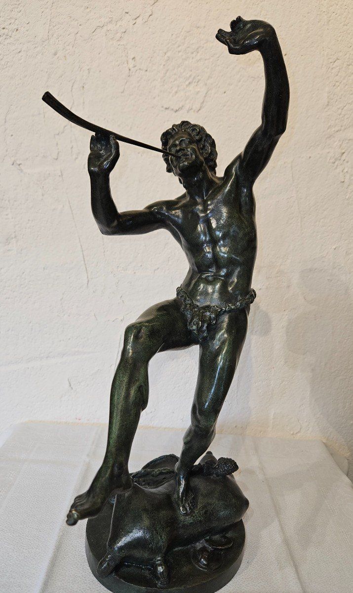 Bronze Sculpture of Bacchus Dancing and Playing the Flute - 19th Century -