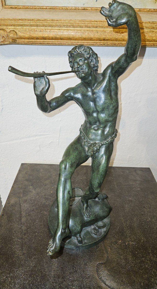 Bronze Sculpture of Bacchus Dancing and Playing the Flute - 19th Century -