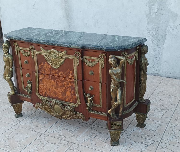 Louis XVI chest of drawers in the style of Jean-Henry Riesener in bronze beech and marble, 20th century