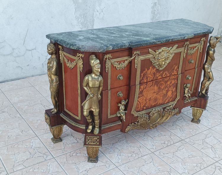 Louis XVI chest of drawers in the style of Jean-Henry Riesener in bronze beech and marble, 20th century