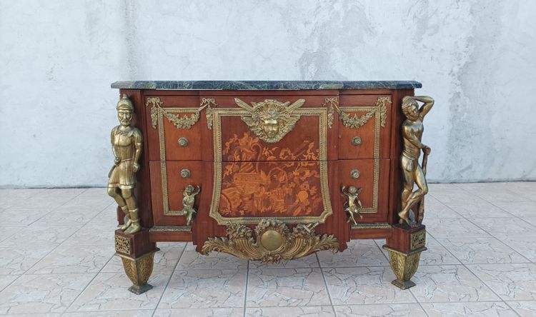 Louis XVI chest of drawers in the style of Jean-Henry Riesener in bronze beech and marble, 20th century