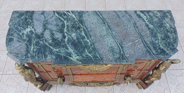 Louis XVI chest of drawers in the style of Jean-Henry Riesener in bronze beech and marble, 20th century