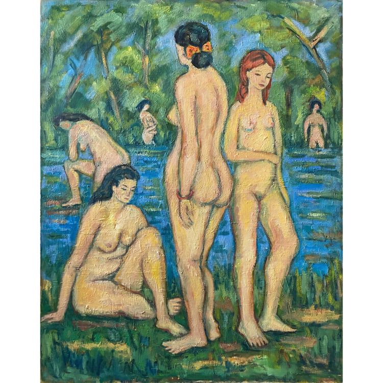 Large HST painting "Bathers" Marcelle GUETTA-FATTAL (1922-2009) Fauvism