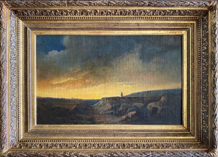 19th century painting Romantic landscape "Lonely shepherd at dusk" HST/P + frame