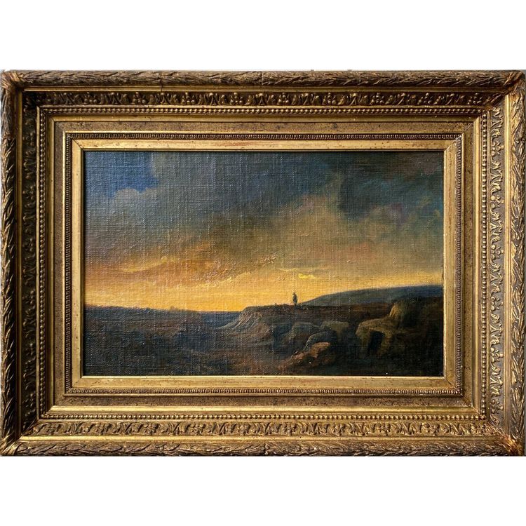 19th century painting Romantic landscape "Lonely shepherd at dusk" HST/P + frame