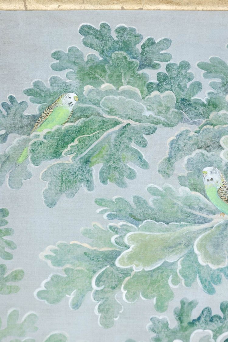 Painted canvas depicting parakeets. Contemporary work. LS6271A675M