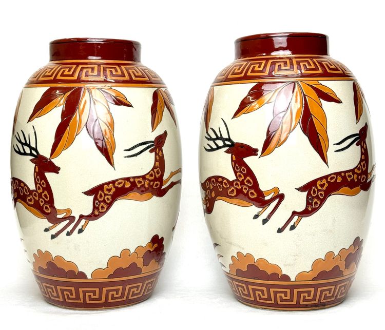 Keralouve - Pair of Art Deco Vases in Enamelled Earthenware