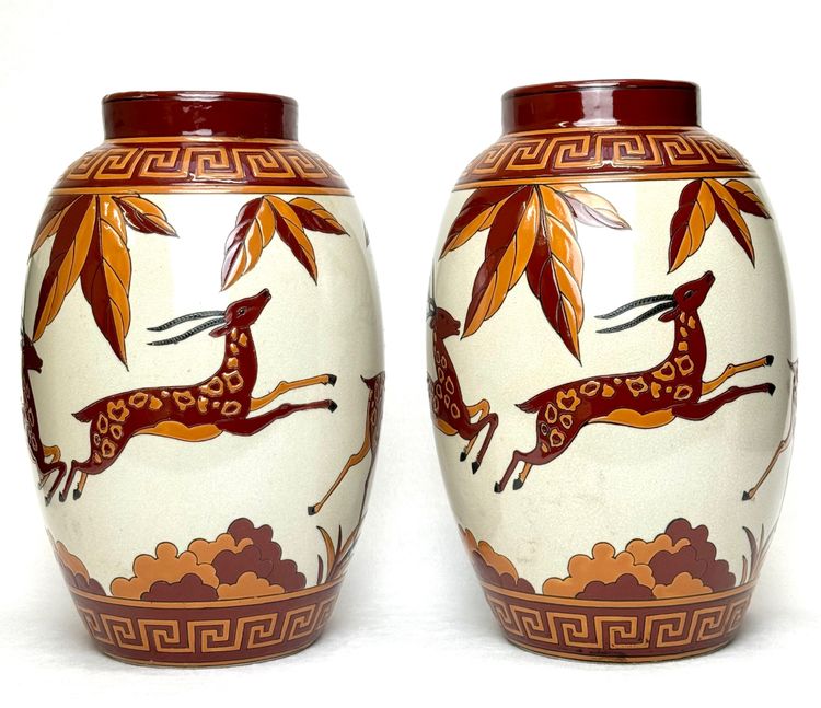 Keralouve - Pair of Art Deco Vases in Enamelled Earthenware