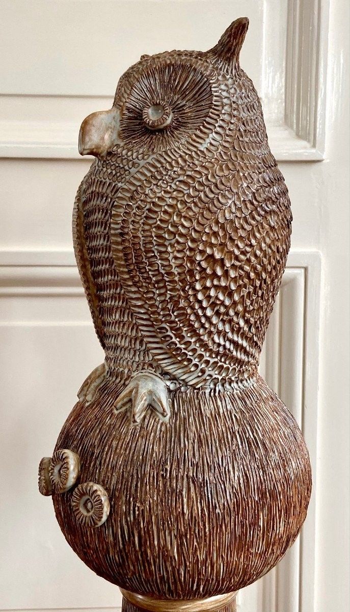 Guy-Roland Marcy (1925-1990s), Large Glazed Earthenware Ridge Spike Forming an Owl.