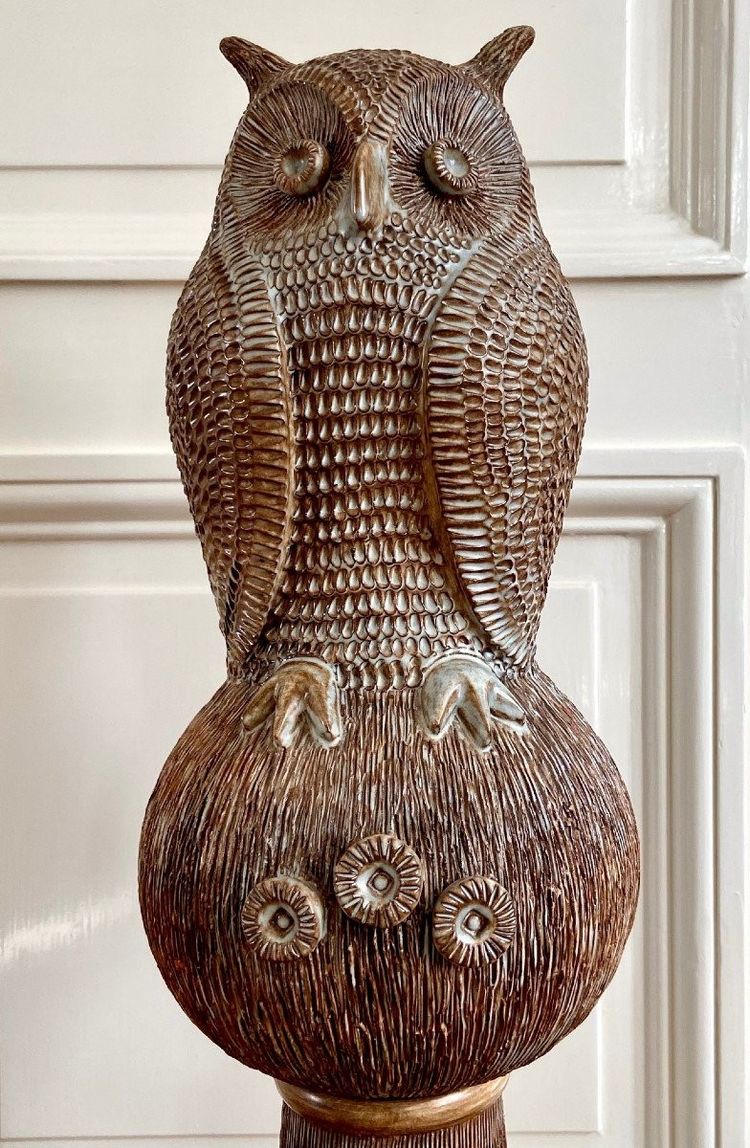 Guy-Roland Marcy (1925-1990s), Large Glazed Earthenware Ridge Spike Forming an Owl.