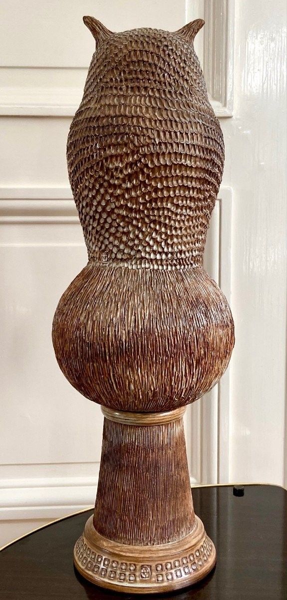 Guy-Roland Marcy (1925-1990s), Large Glazed Earthenware Ridge Spike Forming an Owl.