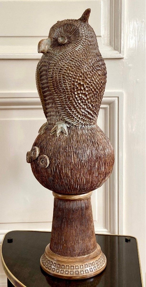 Guy-Roland Marcy (1925-1990s), Large Glazed Earthenware Ridge Spike Forming an Owl.