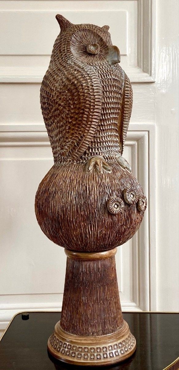 Guy-Roland Marcy (1925-1990s), Large Glazed Earthenware Ridge Spike Forming an Owl.