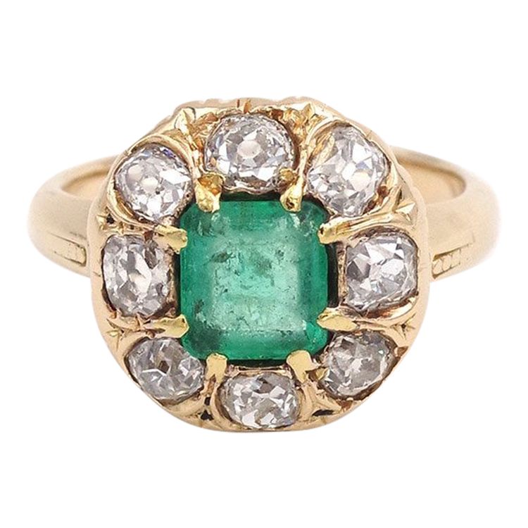 Colombian Emerald cluster Ring In 18k Gold, Belle Epoque Ring, Antique Jewelry, Engagement