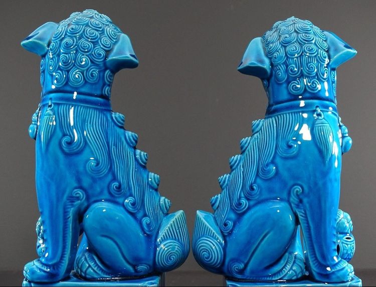 China, 1950s/1960s, Pair Of Blue Porcelain Fo Dogs.