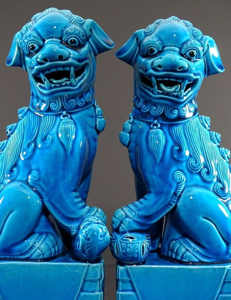 China, 1950s/1960s, Pair Of Blue Porcelain Fo Dogs.