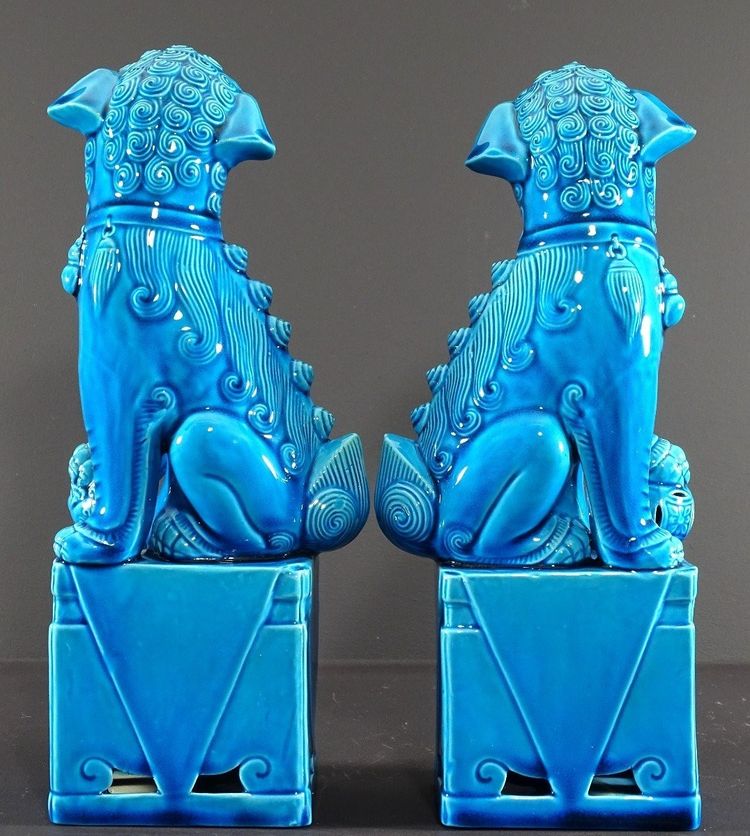 China, 1950s/1960s, Pair Of Blue Porcelain Fo Dogs.