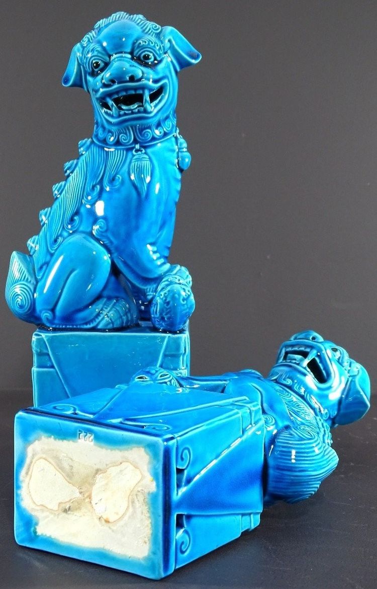 China, 1950s/1960s, Pair Of Blue Porcelain Fo Dogs.