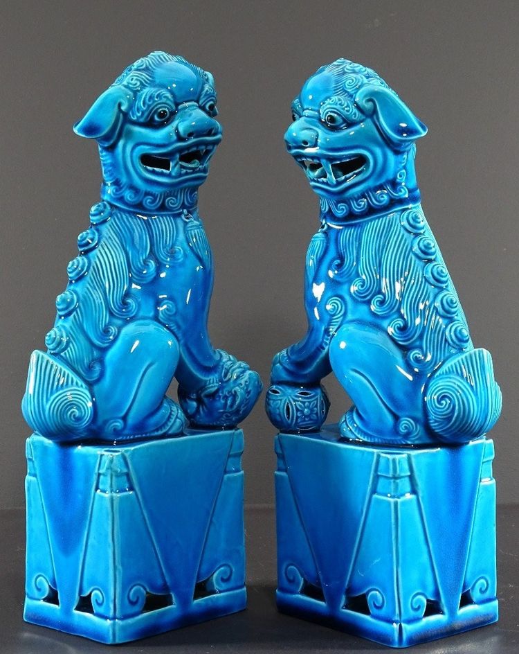 China, 1950s/1960s, Pair Of Blue Porcelain Fo Dogs.