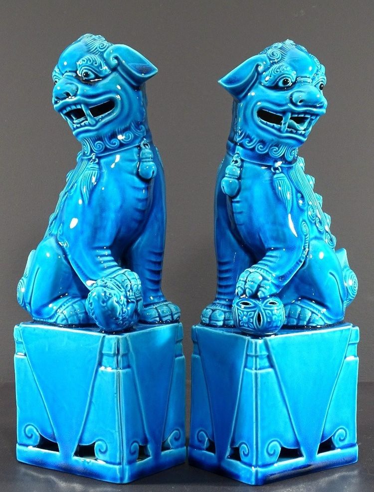 China, 1950s/1960s, Pair Of Blue Porcelain Fo Dogs.