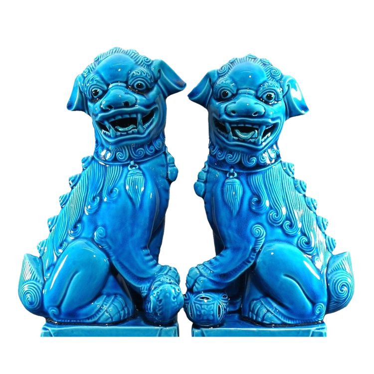 China, 1950s/1960s, Pair Of Blue Porcelain Fo Dogs.