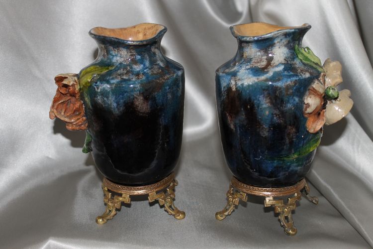 Pair of barbotine vases with floral decoration in the style of Montigny sur Loing, 19th century