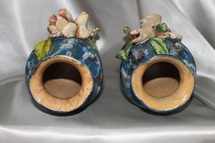 Pair of barbotine vases with floral decoration in the style of Montigny sur Loing, 19th century