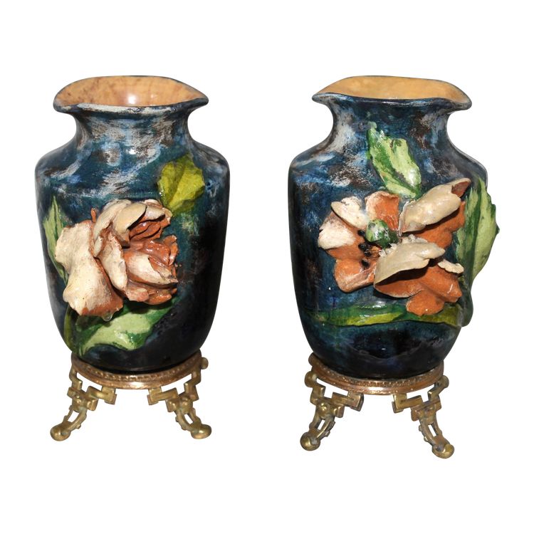 Pair of barbotine vases with floral decoration in the style of Montigny sur Loing, 19th century