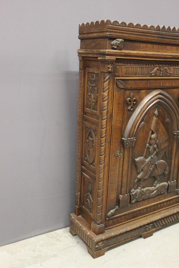 Henri II Style Oak Bonnetière with Joan of Arc Decor, Late 19th Century