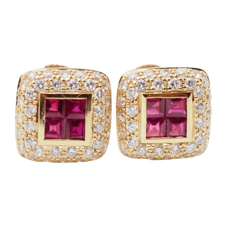 Luxury earrings in yellow gold, rubies and diamonds