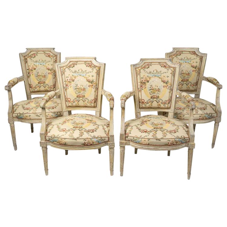 Set of Four Louis XVI Circa Beechwood Lacquered Armchairs Circa 1780-1790