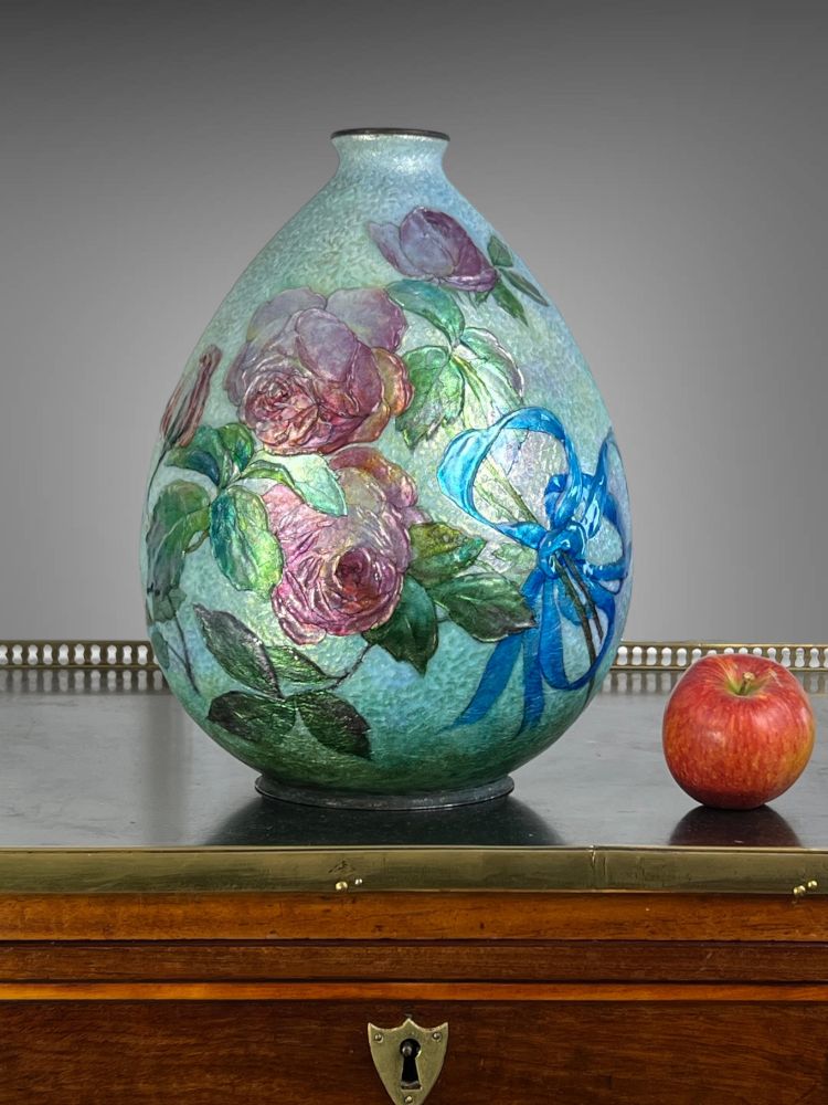 CAMILLE FAURE ( 1874-1956 ) A LIMOGE LARGE OVOID ENAMEL VASE IN LOW RELIEF