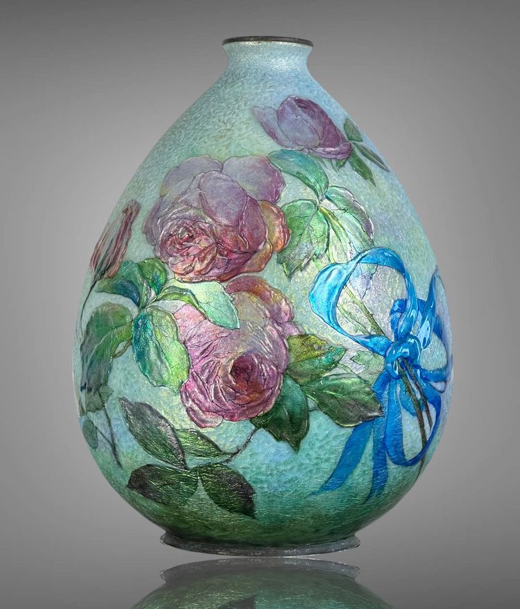 CAMILLE FAURE ( 1874-1956 ) A LIMOGE LARGE OVOID ENAMEL VASE IN LOW RELIEF