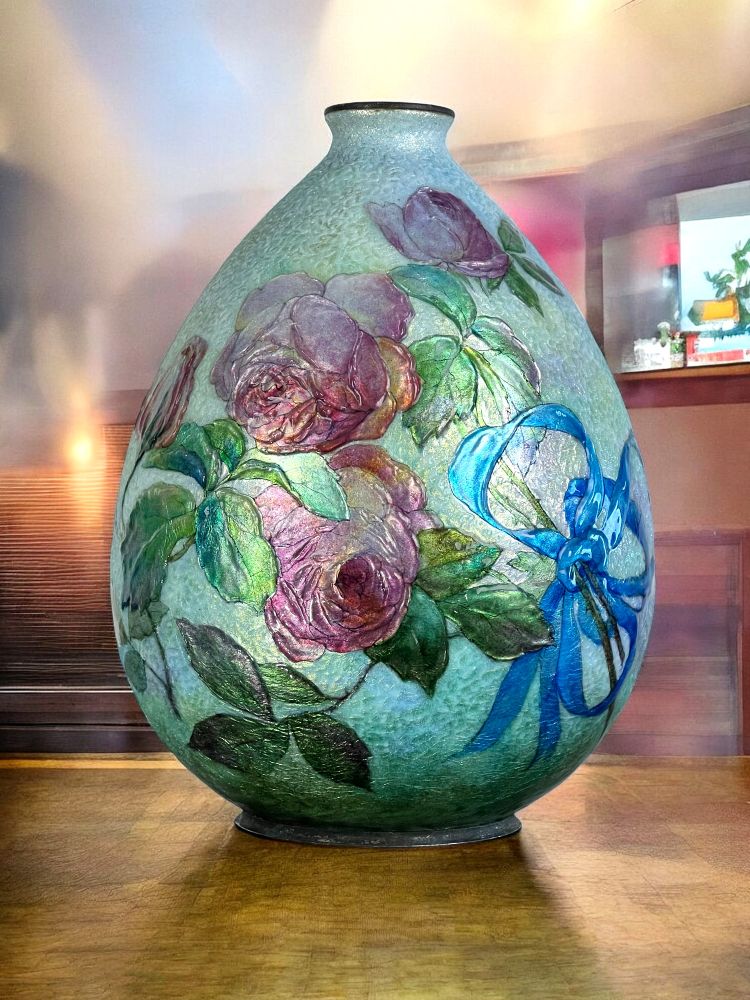 CAMILLE FAURE ( 1874-1956 ) A LIMOGE LARGE OVOID ENAMEL VASE IN LOW RELIEF