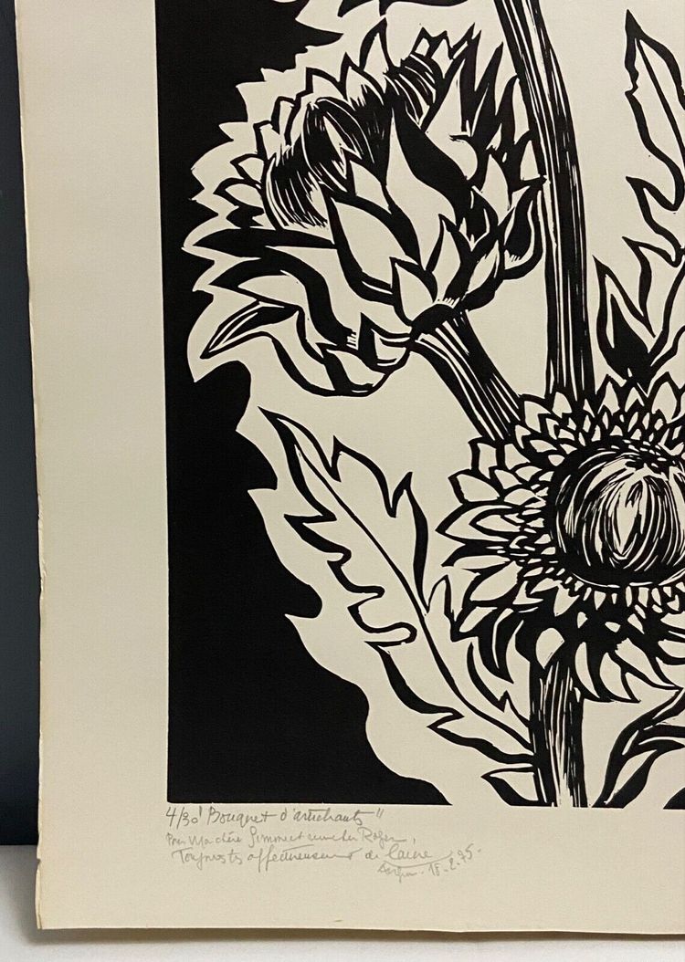 Lithographie contresignée Laure Malclès Masereel bouquet d'artichauts 1974