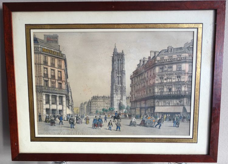 Les monuments de Paris: suite of 10 colorized engravings from the Napoleon III period - mahogany frames