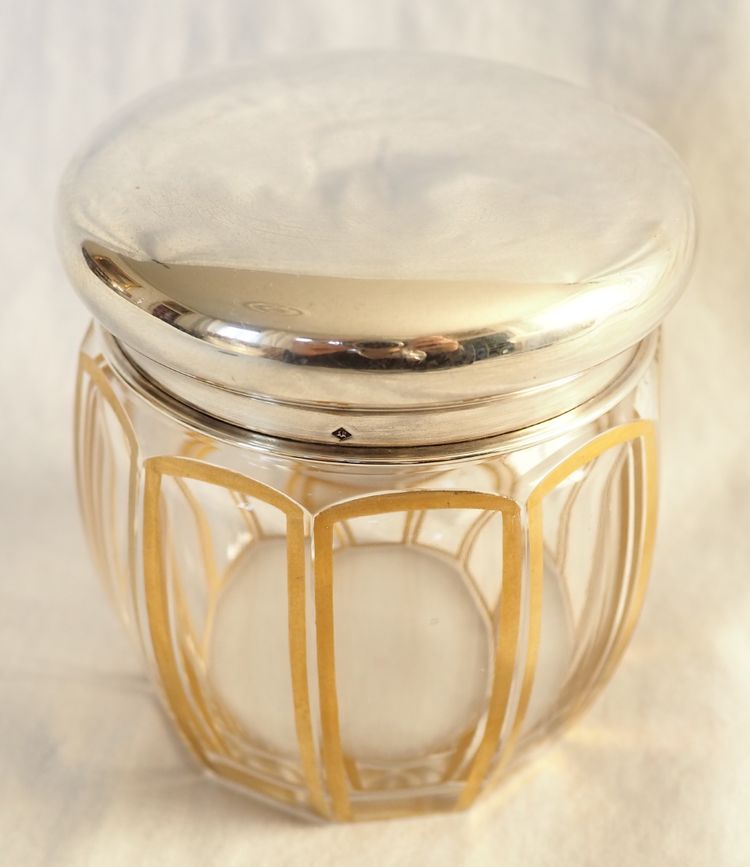 Baccarat crystal box, gilded fluted design, silver and vermeil lid, Minerve hallmark