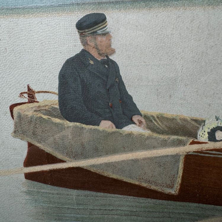 Gravure en couleur représentant des marins et une élégante XIXe