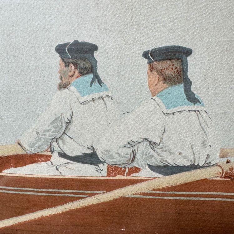 Gravure en couleur représentant des marins et une élégante XIXe