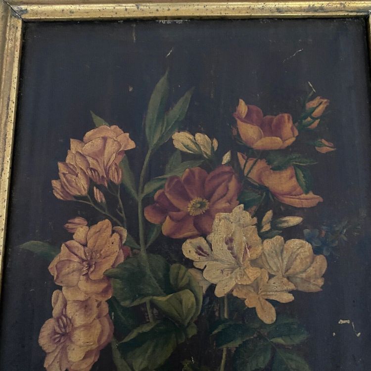 Pair of still lifes, oil on cardboard, late 19th century, bouquets of flowers