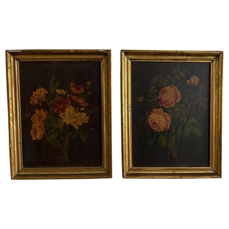 Pair of still lifes, oil on cardboard, late 19th century, bouquets of flowers