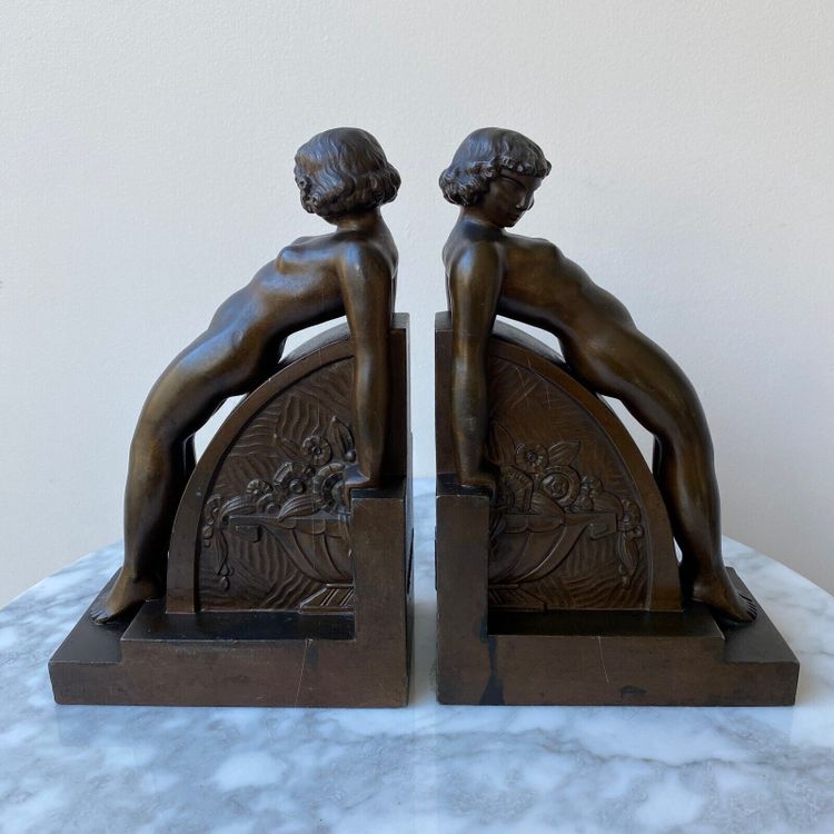 Pair of F. Bazin Albert Buisson Art Deco 1930 bookends in patinated metal