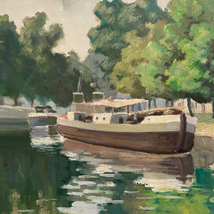 Oil on canvas XXth barge on the banks of the Erdre Nantes