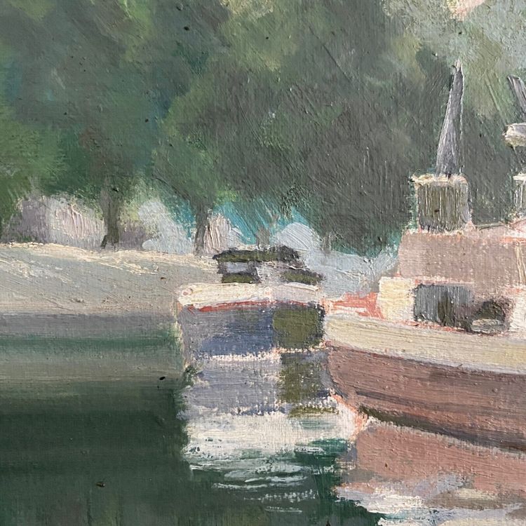 Oil on canvas XXth barge on the banks of the Erdre Nantes