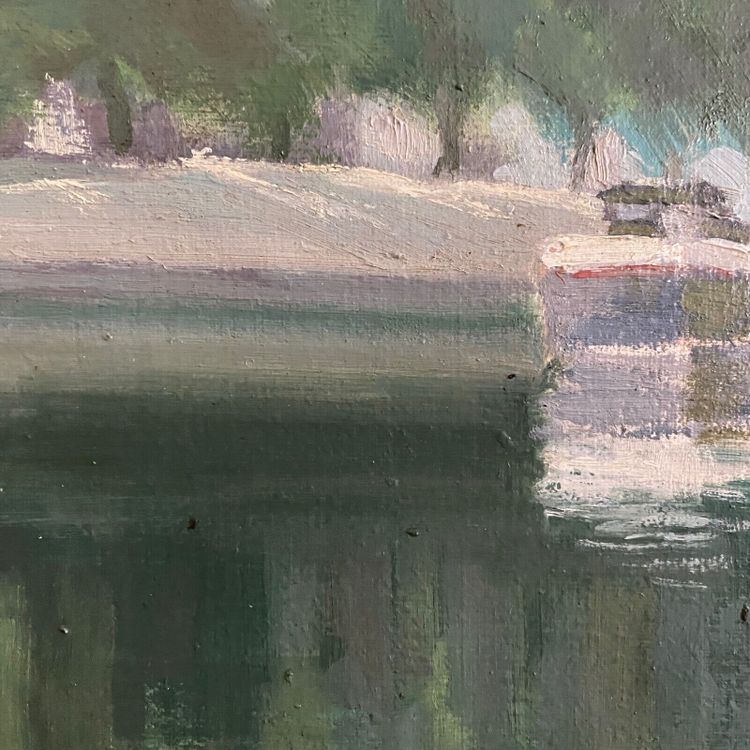 Oil on canvas XXth barge on the banks of the Erdre Nantes